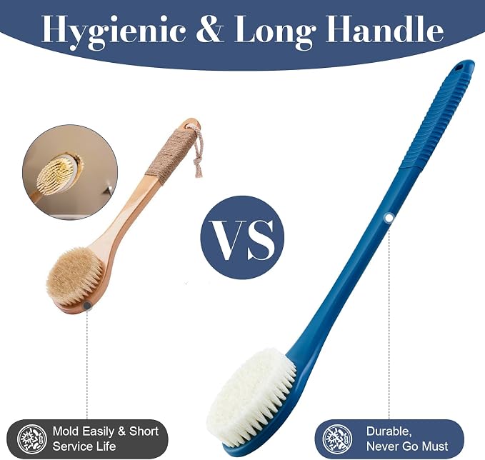 Back Scrubber for Shower, Shower Body Brush for Cleaning with Long Handle for Showering, 17 Inch Back Washer Exfoliator for Shower Men Women with Non-Slip Handle, Adhesive Hook (Navy Blue)