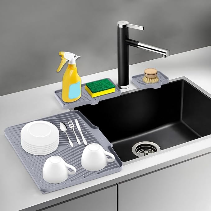 Silicone Dish Drying Mat for Kitchen counter, 19.7"x17" Extra Large Non-Slip Drain Pad with Built-in Drainage, Heat Resistant Dishwasher Safe, Grey