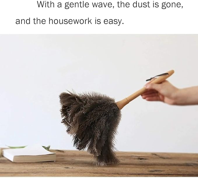 DDZMZ Ostrich Feather Duster for Cleaning with Long Wooden Handle,24" | Genuine Natural Fluffy,Reusable and Washable,Gentle on Delicate Surfaces,for Home,Furniture,Desk