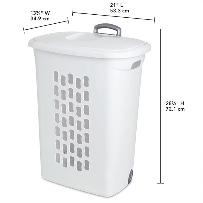 Sterilite Ultra Wheeled Hamper, Laundry Basket w/Flip-Top Lid, 6-Pack | Plastic Rolling Clothes Storage Cart with Retractable Handle & Ventilated Holes for Home, Apartment or Dorm