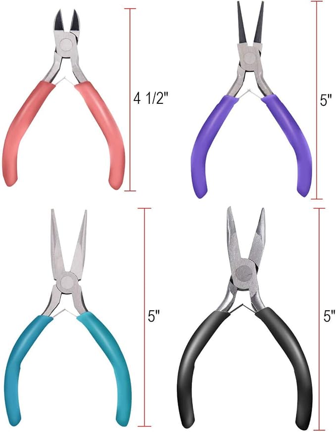Anezus 4Pcs Jewelry Pliers Tool Set Includes Needle Nose Pliers, Round Nose Pliers, Wire Cutters and Bent Nose Pliers for Jewelry Beading Repair Making Supplies
