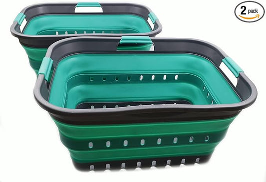SAMMART 42L (11 gallon) Collapsible Plastic Laundry Basket - Foldable Pop Up Storage Container/Organizer - Portable Basket - Space Saving Hamper/Basket (2, Grey/Turquoise Blue)