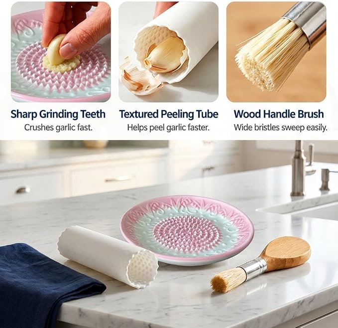 Handcrafted Ceramic Garlic Grater Plate 4-Pc Set, 5.12" Handmade Porcelain Grinding Dish with Wooden Boar Bristle Brush & Textured Silicone Peeler, Blush Pink Embossed Lily