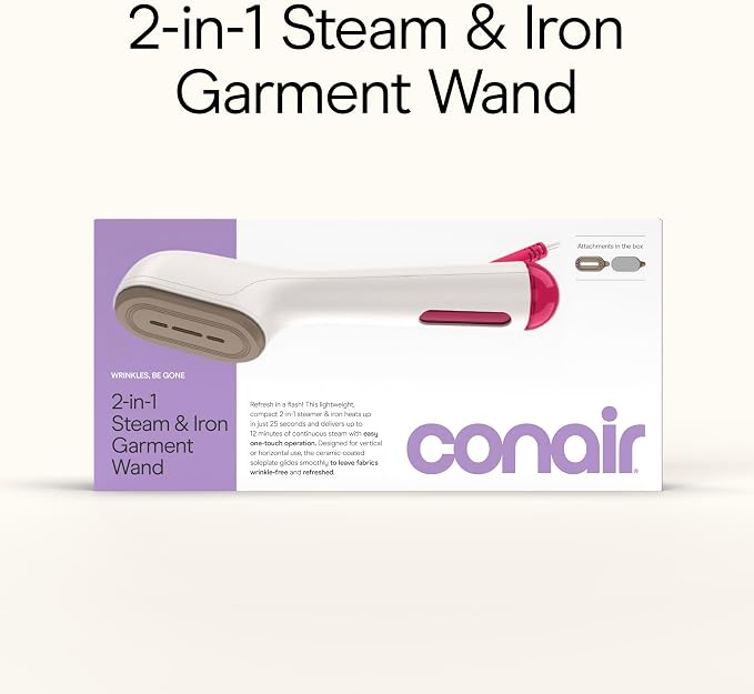 Conair Clothes Steamer, 2-in-1 Travel Steamer/Iron, Anti-Drip, Butter/Berry | Portable handheld garment steamer for clothes w/ iron, quickly removes wrinkles, dual voltage 120-240V & heats in 75 seconds