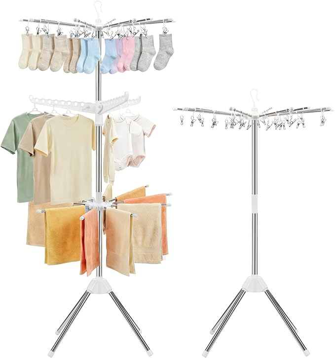 Foldable Clothes Drying Rack, 3 Tier Portable Laundry Drying Rack | 64" Drying Rack, Rotating Clothes Rail with 30 Clips,10 towel sticks and 3 Rotatable Arms, Flats, Small Rooms, Dorm