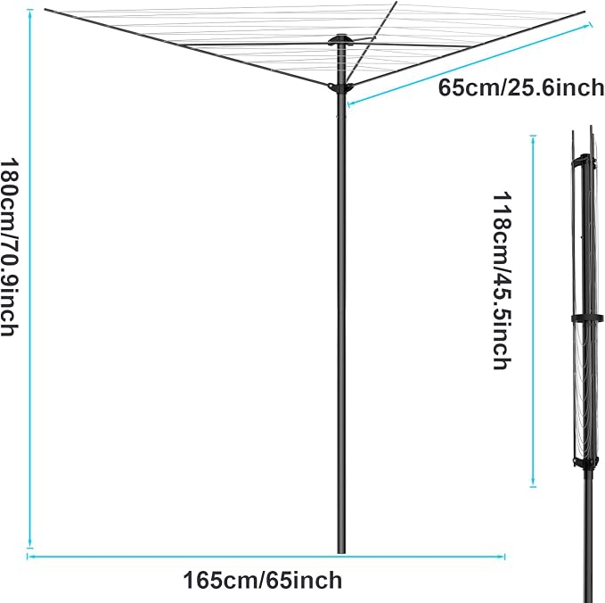 BAKON Heavy Duty Clothesline Outdoor, 30M Anti-Sag Drying Line Rustproof Wind Resistant Rotary Umbrella Drying Rack for Large Clothes, Bed Sheets for Backyard Patio RV Camping
