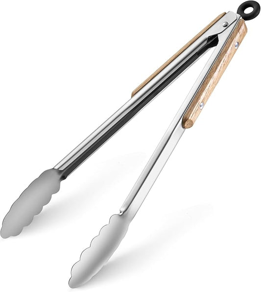 12-Inch Stainless Steel Kitchen Tongs for Cooking,Locking Metal Tongs with Oak Wood Handles,Cooking Tongs for Grilling,BBQ,Serving and Outdoor Barbecue,Heavy Duty,Heat-Resistant and Durable