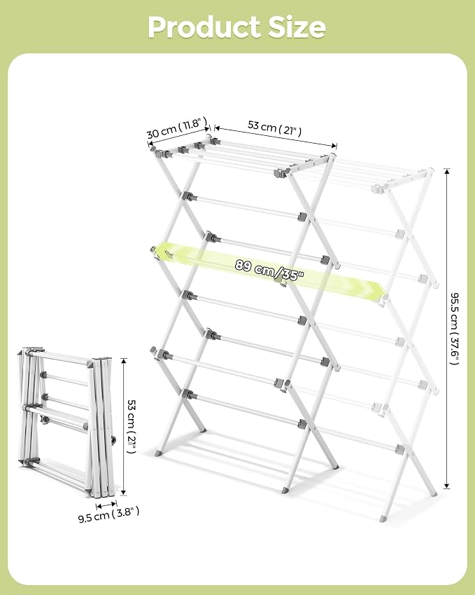 APEXCHASER 3-Tier Foldable Clothes Drying Rack, 37.6" H, White | Rust-resistant Metal, Tool-free Assembly, Extendable Drying Hanger, Fold Flat to Easy Storage, 11.8" D x 35" W, Holds 24lbs