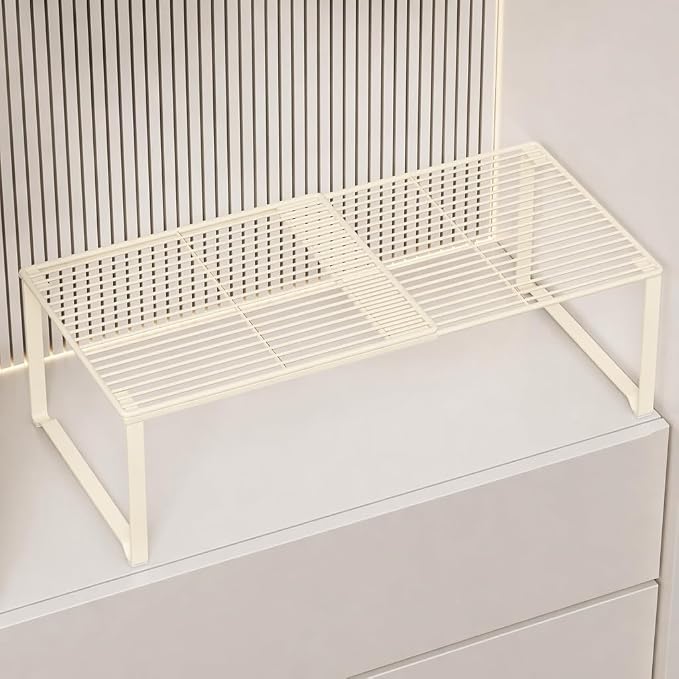 Extendable Metal Wire Shelf Organizer - Adjustable 15-24.4in Length, Stackable Storage Rack for Kitchen/Pantry/Bathroom/Shoe Cabinet/Tool Closet (1, Cream)