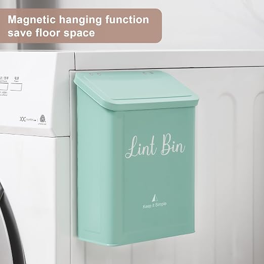 Magnetic Lint Bin for Laundry Room Organization and Storage,Light Green | Wall Mounted Metal Lint Box Holder Trash Can with Lid for Dryer,Lint Basket for Laundry Room Decor