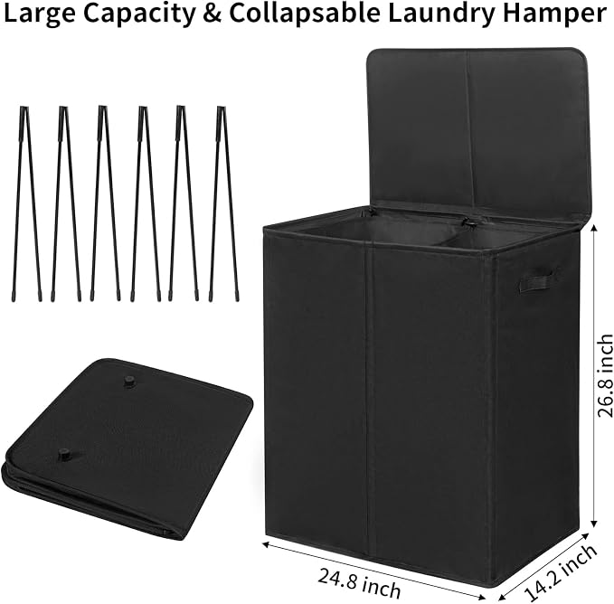 WOWLIVE 154L Double Laundry Hamper 2 Section with Lid and Removable Bags | Divided Laundry Basket, Large Dirty Clothes Hamper with Handle, Collapsible Laundry Storage for Dorm Room, College, Black