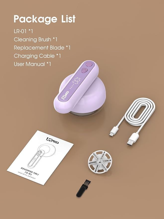 COPPA Lint Remover, LR-01 Remove Fuzz Lint USB-C Rechargeable 6 Blades & 3 Speed Mode Shut-Off Protection Portable Fuzz Remover with Battery Display for Clothing Furniture Curtain