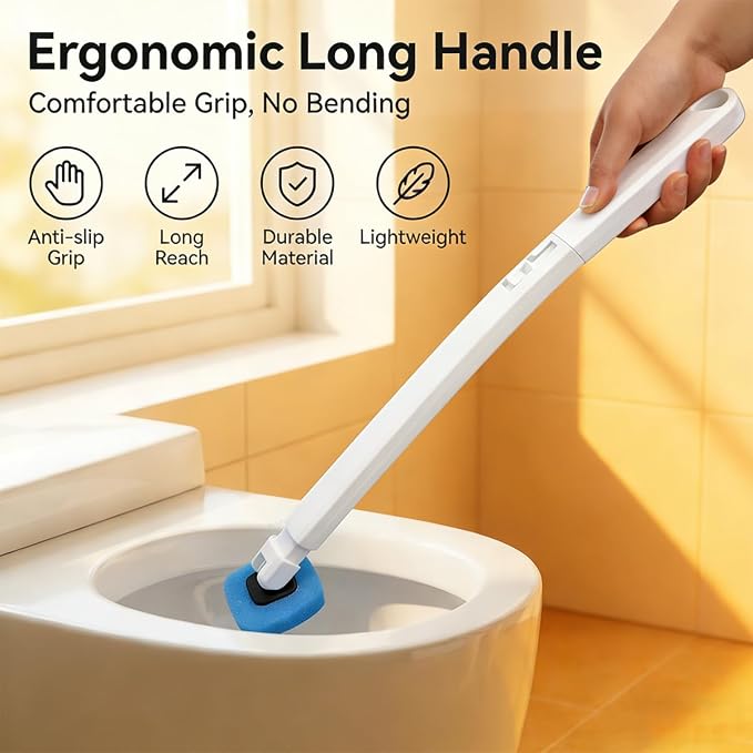 Disposable Toilet Bowl Brush with 12 Refills, Plastic Handle, Blue and Yellow, Dual-Color Sponge Heads, Toilet Cleaning Starter Kit (Plastic Handle with 12 Refills)