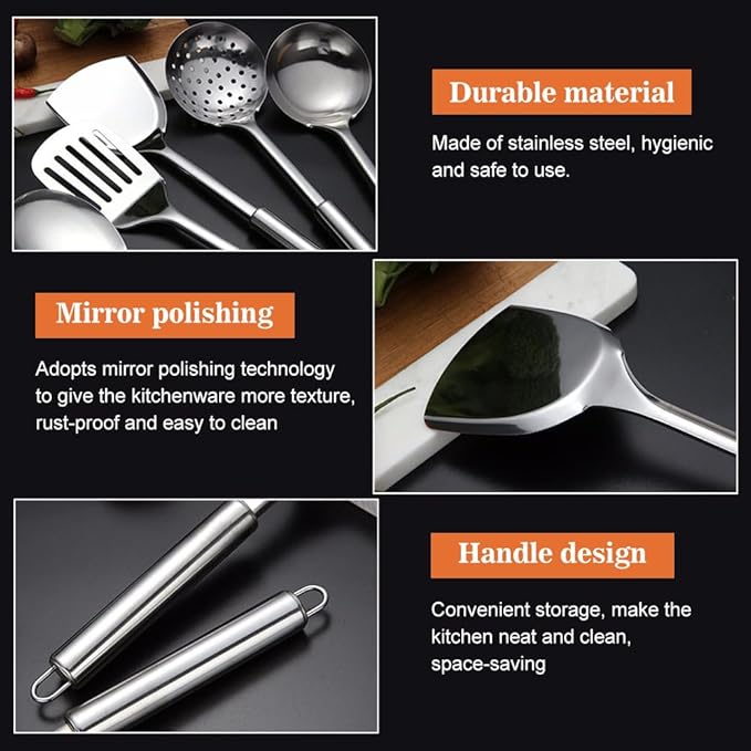 5 PCS Cooking Utensils Set Stainless Steel Kitchen Utensils Gadgets Resistant Cooking Tools Includes Slotted Spoon, Slotted Spatula, Large Spoon, Soup, Spatula(Sliver)