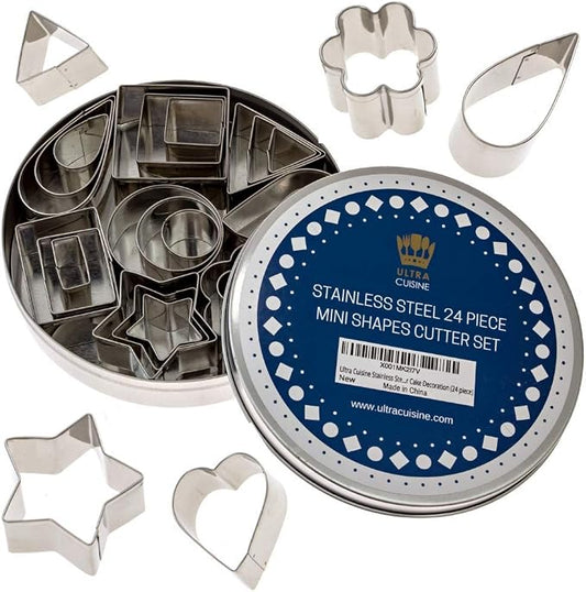 Ultra Cuisine 24pcs Mini Cookie Cutter Shapes Set - 100% Stainless Steel Small Molds To Cut Out Pastry Dough Pie Crust & Fruit - Steel Cutters Cut Tiny Heart Shapes - Bake Like A Pro For A Lifetime