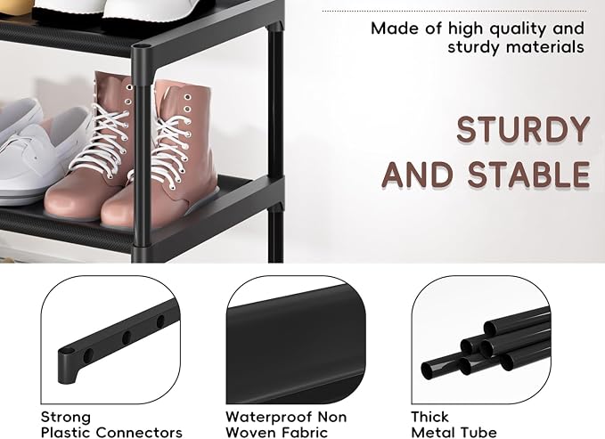 LUKYTOWER Extra Long Shoe Rack 6 Tier 39Pairs with 2 Hooks | Sturdy Wide Stackable Shoe Organizer for Closet, Entryway, Front Door Entrance, Durable Shoe Shelf Stand, Black Shoe Storage