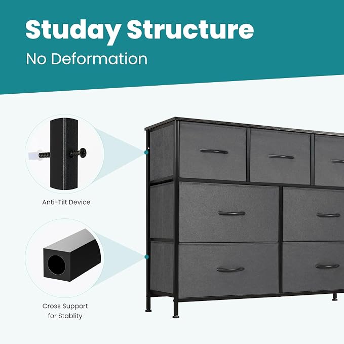 OLIXIS 7 Drawers Fabric Dresser for Bedroom, Storage Tower Organizer | Living Room & Entryway, Sturdy Steel Frame, Wooden Top & Easy-Pull Bins, Closet Chest for Clothes, Classic Grey
