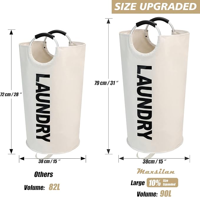 Maxsilan 90L Large Laundry Basket Bag, Collapsible Tall Hamper, Beige | Freestanding tall laundry bag & foldable washing basket. Large capacity clothes storage bin with durable sturdy handles
