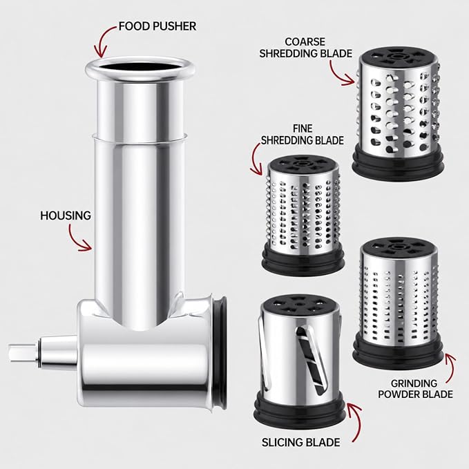 Stainless Steel Slicer Shredder Attachment for Kitchenaid Stand Mixer,kitchen aid cheese grater,Salad Maker,Dishwasher Safe with 4 Blades by Kitchwiyte