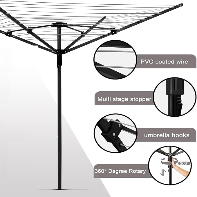 65ft 4-Arm Rotary Umbrella Clothesline Adjustable Height for Backyard | Heavy duty retractable outdoor drying rack with 12 lines, adjustable height, great for backyard laundry drying