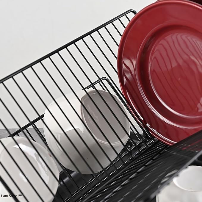 Black Foldable Double-Tier Dish Rack Large-Capacity Expandable Dish Rack, Rust-Proof Dish Rack, Draining Tray Suitable for Kitchen Worktops (Black)