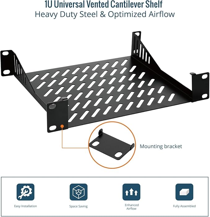 Tecmojo 1U Rack Mount Shelf for 10" Server Rack, 7.87" Deep Vented Cantilever Tray, Metal Shelf for Network Cabinet, Server Enclosure, Enhanced Airflow, Black