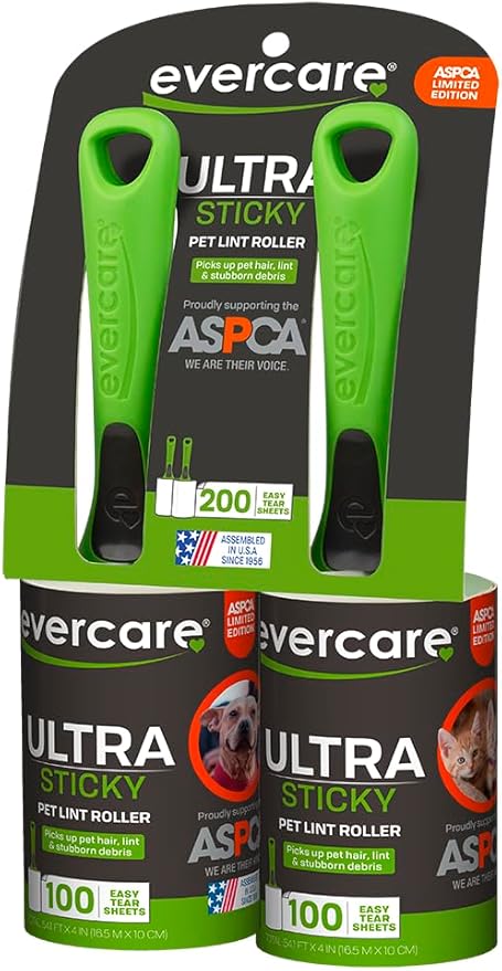 Evercare Pet Hair Lint Rollers All Purpose Use Easy-Tear Sheets Per Roll Reusable Sticky Roller Pets Cat,Dog Hair Remover Contoured Handle for Furniture Clothing & Cars,Green, 200 Sheets (Pack of 12)