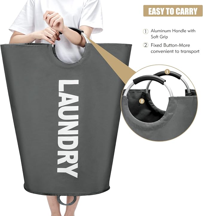 Maxsilan 125L X-Large Laundry Basket Bag, Collapsible Tall Hamper, Dark Grey