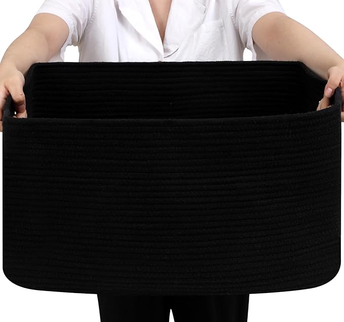 Optish 75L Blanket Basket, Large Woven Baskets for Storage, Blanket Storage for Living Room, Rope Basket with Handles for Bedroom, Nursery, Toys, Clothes, 22” x 17” x 11.5”, Black