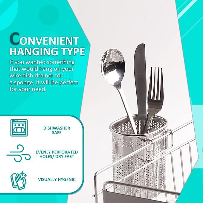 HOME&I Silverware Drying Basket for Dish Rack, Compact Oval SUS 304 Stainless Steel Hanging Utensil Holder, Cutlery Caddy for Kitchen Sink & Countertop