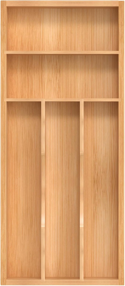 Silverware Organizer, Bamboo Kitchen Drawer Organizer, Utensil Holder, Cutlery Tray & Spoon Flatware Storage with Grooved Drawer Dividers (6.7''W x 15.5''D)