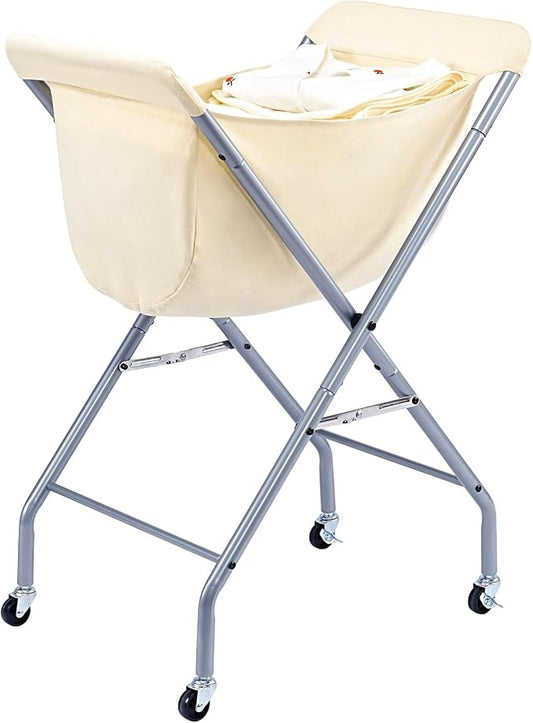 ELYKEN Laundry Basket with Wheels, Collapsible Laundry Hamper, Cream | Removable Liner Bag, Foldable Design, Sturdy Metal Frame, 4 Casters, 32”H Laundry Cart for Bedroom, Bathroom & Laundry Room