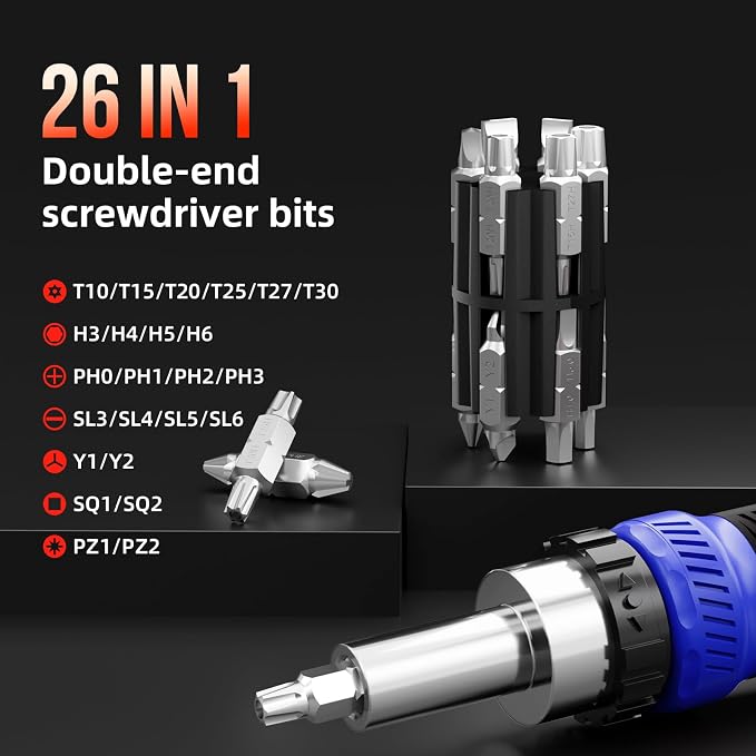 26-in-1 Ratcheting Screwdriver Set Multi Screwdriver Tool Kit | All in 1 Ratchet Screwdriver, 12 Double Ended CRV Bits Phillips Slotted Torx Hex, Portable Tool for Home Bike Computer Repair