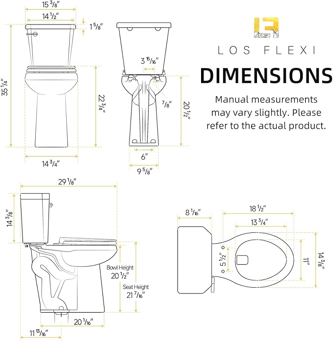 21 Inch High Black Toilet, Los Flexi Comfort 21" Extra Tall Toilets For Seniors, Elongated Bowl, Two-Piece Glossy Black Design, 1.28 GPF Single Flush, Soft-Closing Seat, 12-Inch Rough-In