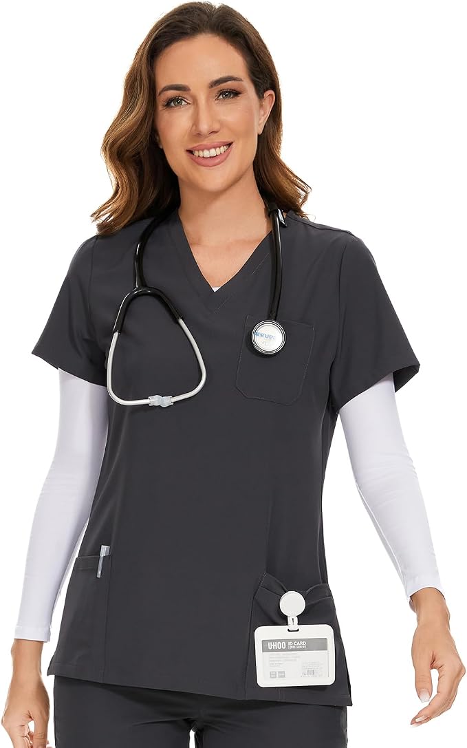 Scrubs Tops for Woman - Soft Stretch, V-Neck Tops | 3 Pockets, Side Split Design, Short Sleeve, Breathable & Lightweight Nursing Shirt, Easy-Care Fabric for All-Day Comfort
