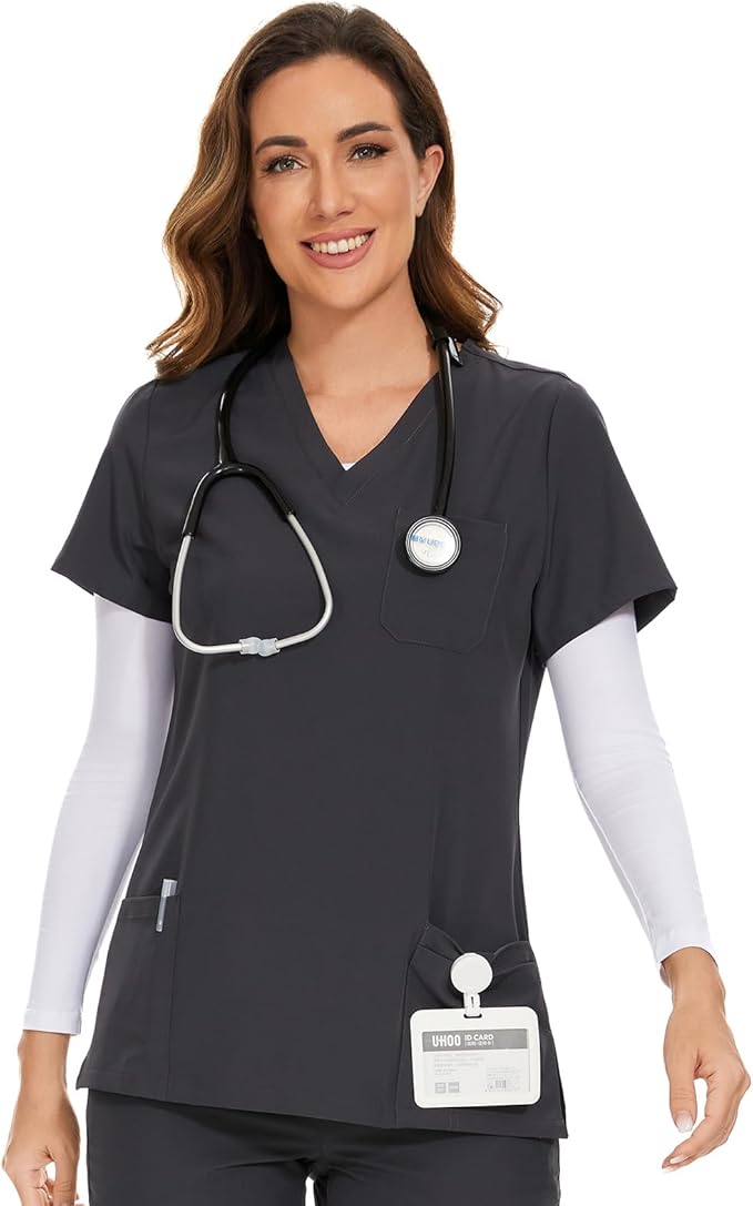 Scrubs Tops for Woman - Soft Stretch, V-Neck Tops | 3 Pockets, Side Split Design, Short Sleeve, Breathable & Lightweight Nursing Shirt, Easy-Care Fabric for All-Day Comfort
