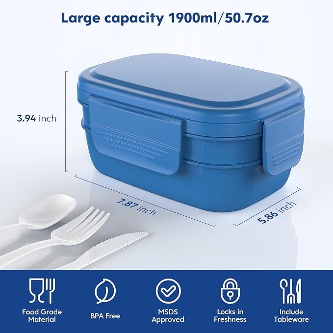 HOMETALL Stackable Bento Box Adult Lunch Box, Large Capacity 1900ml Lunchbox with Utensil Set, Leak-Proof for Dining Out, Work, Picnic, School