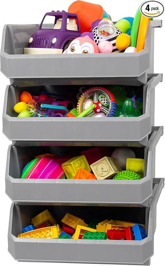 ReadySpace Plastic Containers for Organizing and Storage Bins for Closet, Kitchen, Office, Garage or Pantry Organization, Stackable Bins, Extra Large (14.8" x 16.5" x 7"), 4-Pack, Grey
