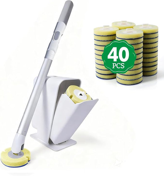Eyliden Disposable Toilet Brush with Holder, 40-Refill Touch-Free Wand Kit | Pre-Soaked Concentrated Cleaner Sponge, Auto-open Caddy, 19.5" Aluminum Handle, 42 Set Toilet Bowl Cleaing, for Bathroom/RV