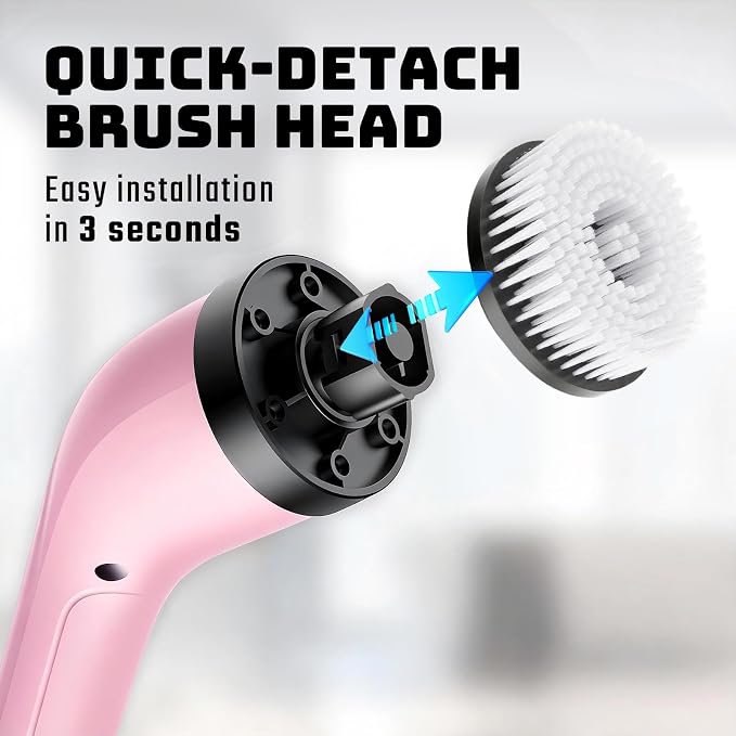 Electric Spin Scrubber, 2-Speed Cleaning Brush, Extendable Handle (Pink) | Includes 7 reusable brush heads and an IPX7-rated design for cleaning bathrooms, showers, kitchens, tile, floors, and grout