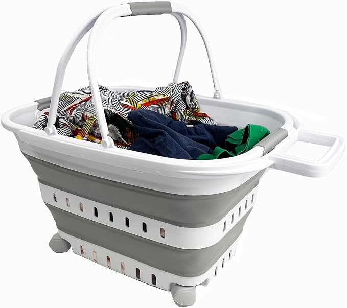 SAMMART 35L (9.24 Gallons) Collapsible Plastic Laundry Basket with Handle and Wheels - Foldable Pop Up Storage Container/Organizer with handle and wheels - Space Saving (1, White/Grey)