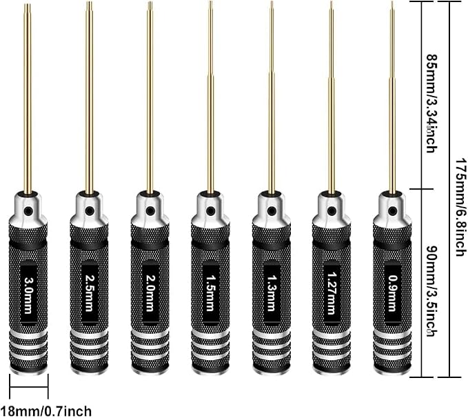 Hex Driver Set Hex Allen Screwdriver Kit 0.9mm 1.27mm 1.3mm 1.5mm 2.0mm 2.5mm 3.0mm Allen Wrench Set Titanium Hexagon Screwdriver RC Tools Kit for RC Car Drone Multi-Axis Helicopter Models(7pcs)
