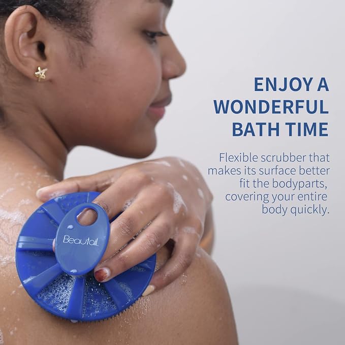 BEAUTAIL Silicone Body Scrubber, Gentle Exfoliating Shower Brush for Body | Hygienic Silicone Loofah, Easy-Grip Handle, Soft Bath Essential Scrubber for Sensitive Skin, Women, Men & Kids, 1 Pack, Blue