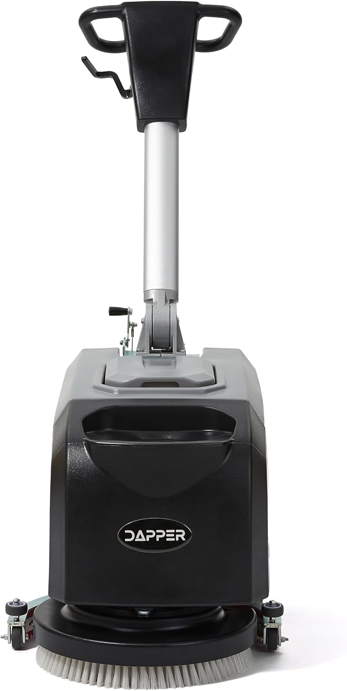 Battery Powered Walk Behind Floor Scrubber Buffer Polisher Machine with Foldable Handle 15 inch Brush 19 inch Squeegee Width 4.5 gal Tank Includes a Hard Brush and 3 Scouring pads