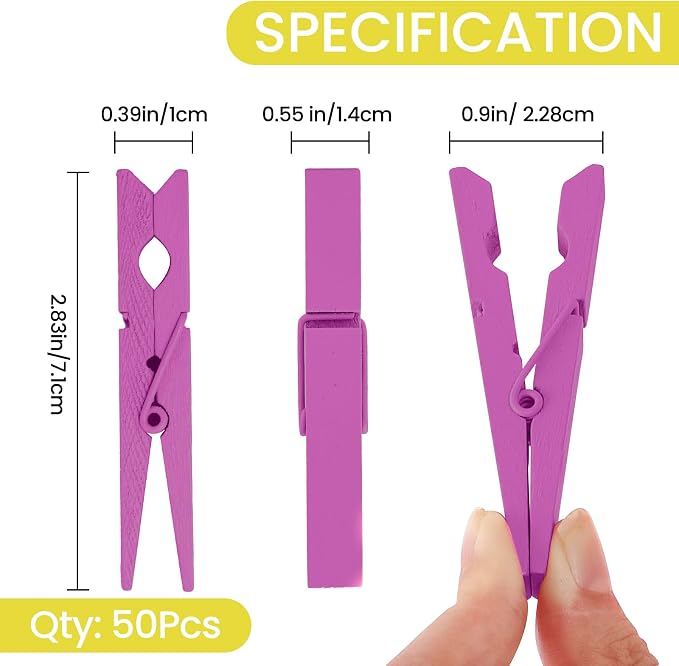 50PCS Colored Wooden Clothespins 2.9 Inch Color Clothes Pins for Pictures | Colorful Close Pins Wood for Photos Classroom School Decoration Craft Cheer, Hot Pink
