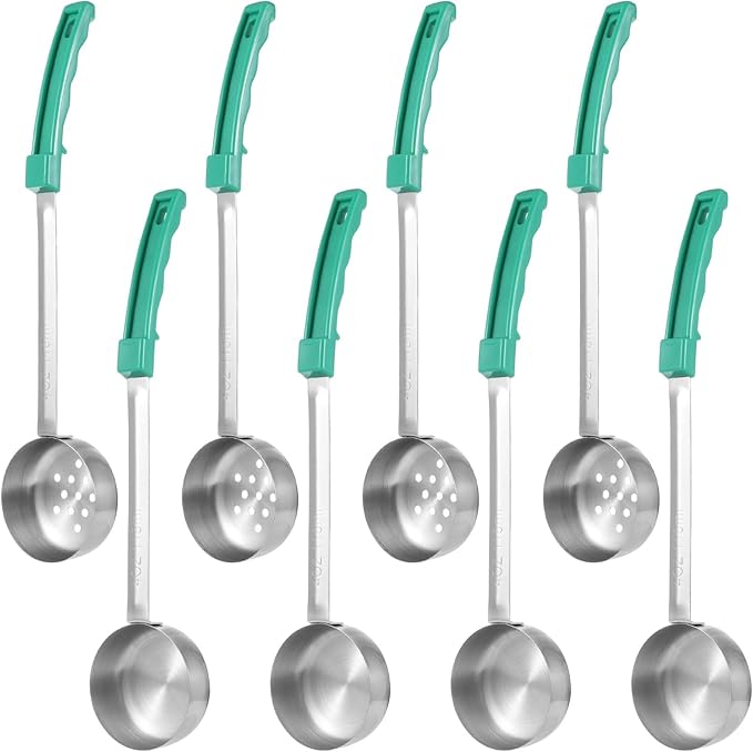 8 Pcs Portion Control Serving Spoons, Including 4 Slotted & 4 Solid Ladles, 4 Oz Stainless Steel Spoons with Non-Slip Plastic Handle for Home Kitchen, Gym Meal Prep, Cafés & Catering