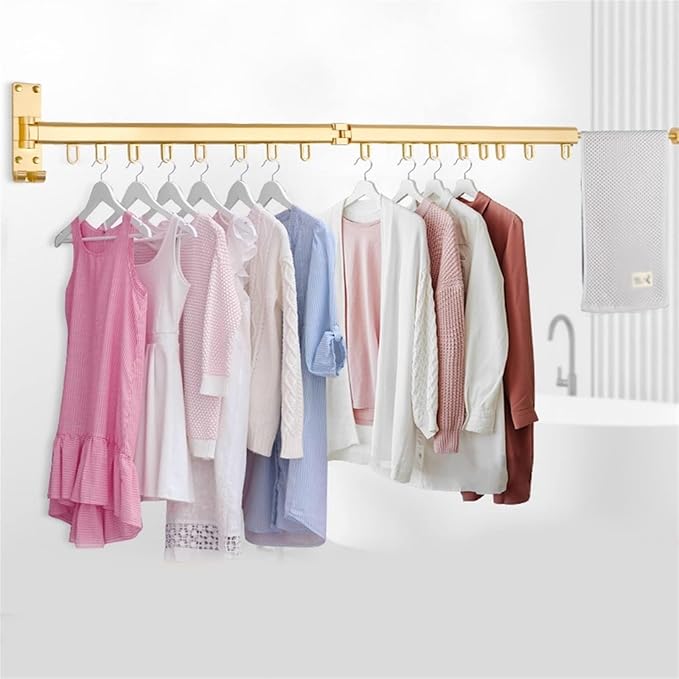 Pull Out Clothes Hanger Rail Rack - Clothes Airer - Clothes Drying Rack Wall Mounted with Space Saver Hangers Design Universal Folding Retractable for Balcony,Gold-120cm