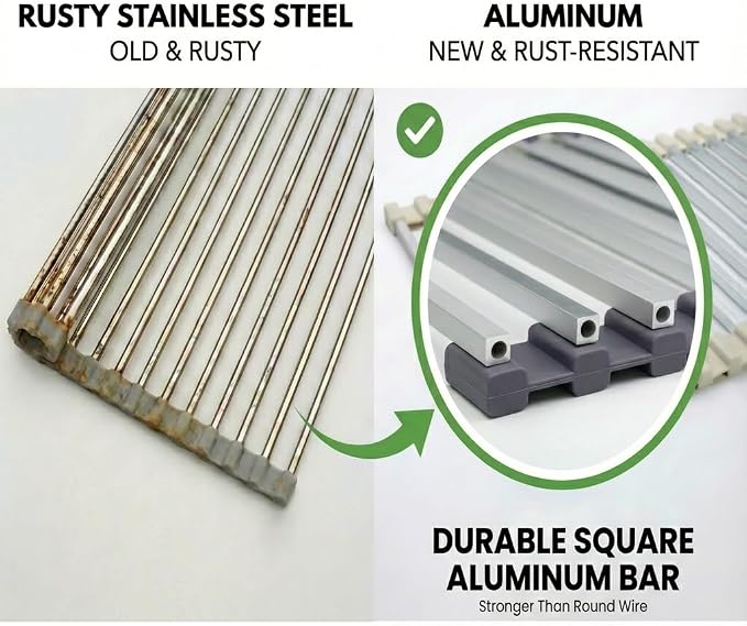 Small Aluminum Roll Up Dish Drying Rack with Removable Dish Holder (9" × 13") for Camping, RV, Camper, Boat & Narrow Sinks, Rust-Proof Square Bar, Purple Gray
