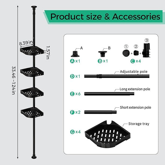 shuang qing 4-Tier Corner Shower Caddy Tension Pole Organizer - Adjustable Rustproof Metal Tension Pole, Plastic Shelves with Safety Guardrail, Bathroom Storage for Shower & Bathtub(Black)