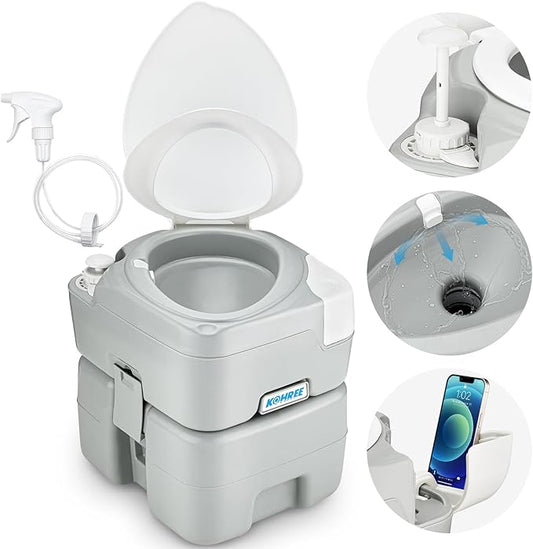 Kohree Camping Toilet Portable 5.3 Gal: 20L Porta Potty for Adults with Diagonal Elongated Bowl Seat - Handle Flush Pump Leak-Proof Cassette Toilet for RV Trailer Trucker Boat Marine Home Use